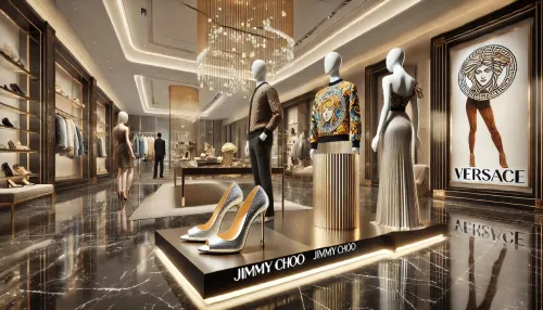 a luxurious retail environment featuring iconic fashion elements from Versace and Jimmy Choo