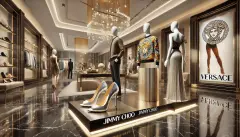 a luxurious retail environment featuring iconic fashion elements from Versace and Jimmy Choo