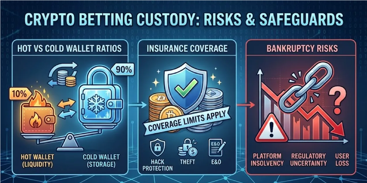Crypto betting custody infographic: hot vs cold wallet ratios, insurance coverage, and bankruptcy risks for platforms