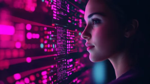 Analyzing digital data streams futuristic technology lab portrait of a young woman neon lighting environment close-up viewpoint concept of data visualization