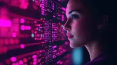 Analyzing digital data streams futuristic technology lab portrait of a young woman neon lighting environment close-up viewpoint concept of data visualization