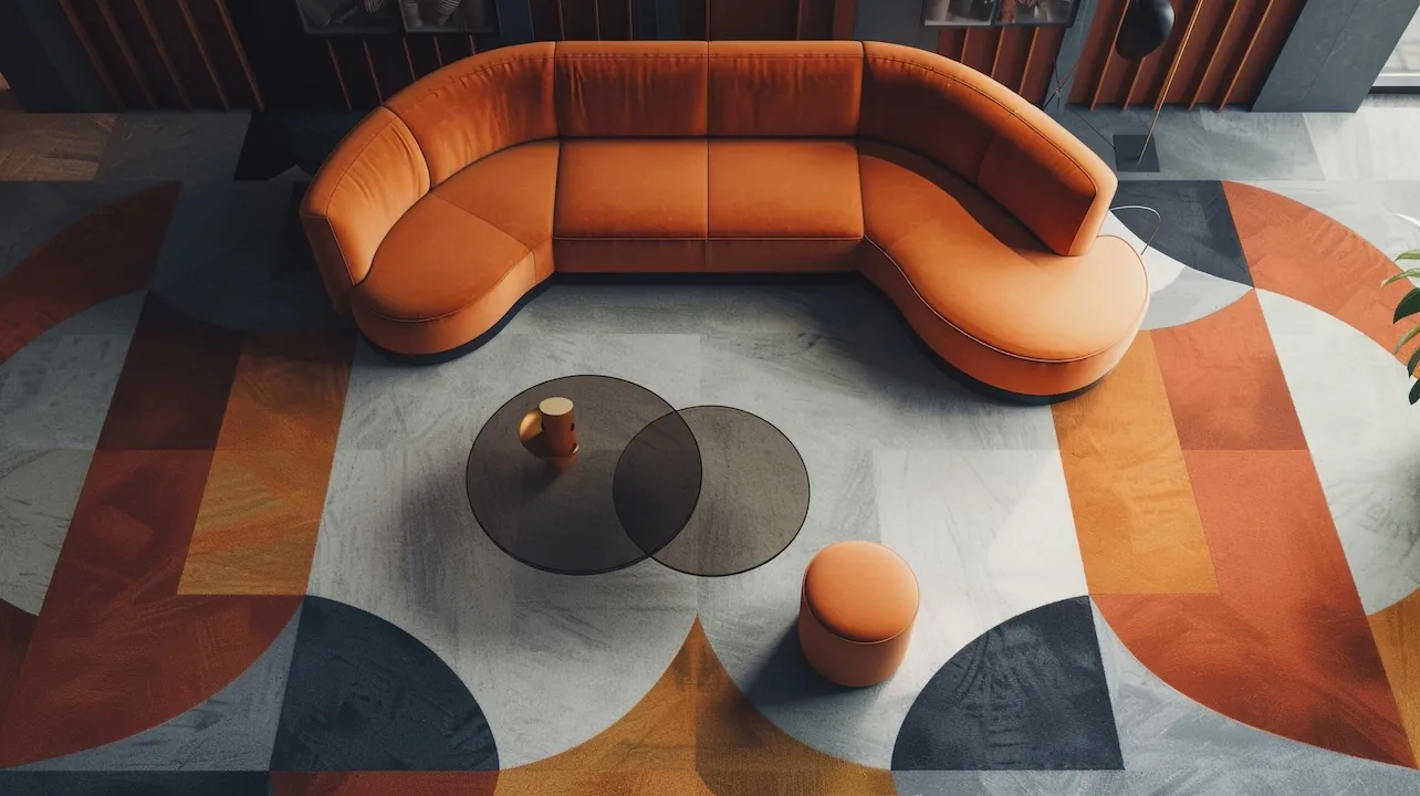 An ultra-HD image showcasing a futuristic floor design with modular carpet tiles in bold geometric shapes and muted earthy tones