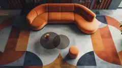 An ultra-HD image showcasing a futuristic floor design with modular carpet tiles in bold geometric shapes and muted earthy tones