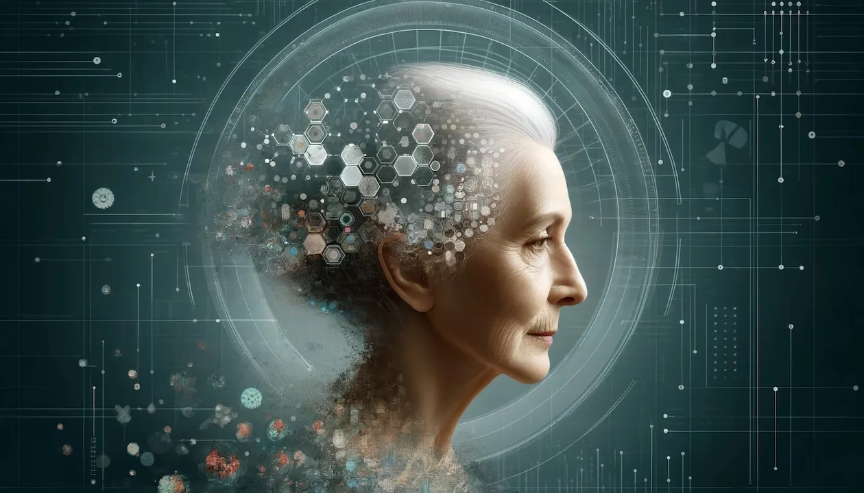 a serene elderly woman with a digital dispersion effect to represent Alzheimer's, set against a backdrop with a technological and pharmaceutical theme. 