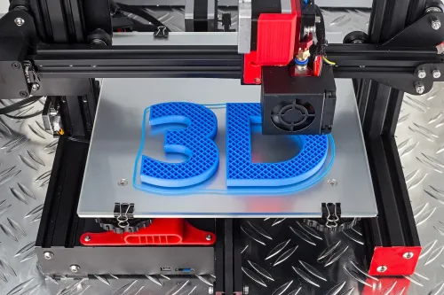 Red black 3D printer printing blue logo symbol on metal diamond plate future technology modern concept