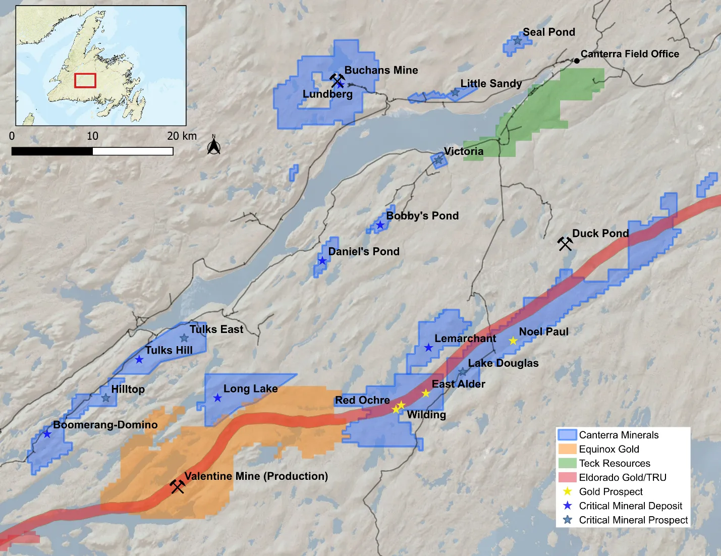 Map of Canterra’s Central Newfoundland Mining District properties.