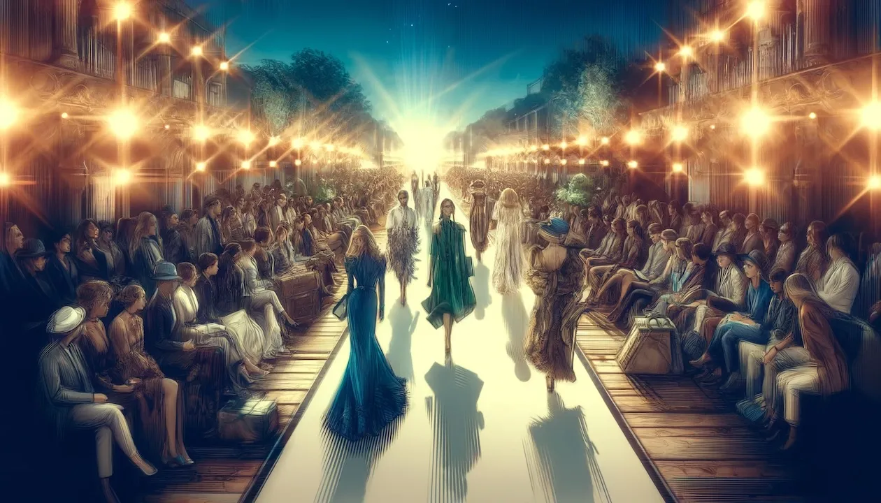 image reflecting designer fashion, featuring a runway show with modern and elegant designer outfits.