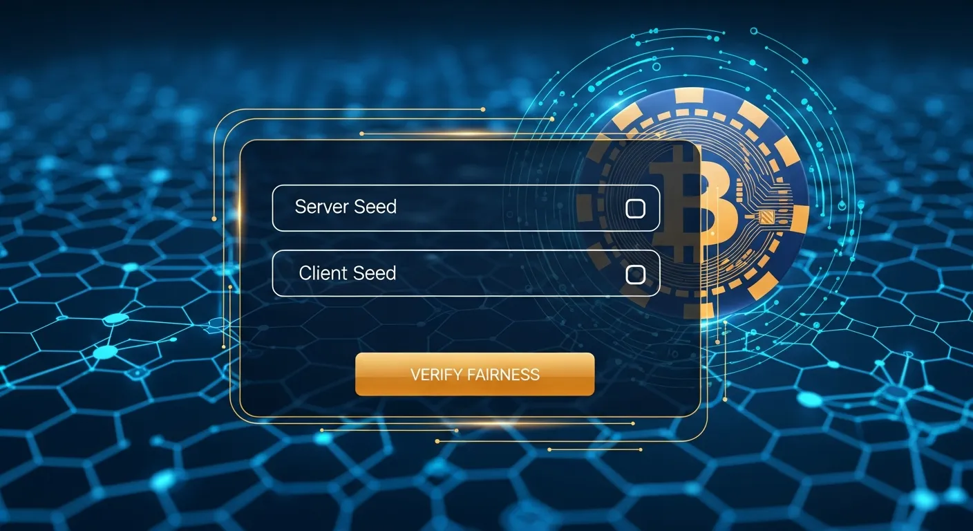 Abstract illustration of a provably fair crypto casino interface, showing server and client seeds, a verify fairness button, and a Bitcoin chip overlaid on a blockchain network.