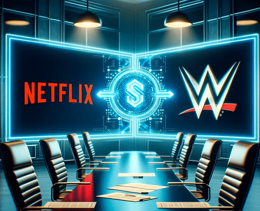 The image represents the partnership between Netflix and WWE, featuring a modern meeting room atmosphere with both logos prominently displayed, centered around a futuristic contract. This symbolizes t...