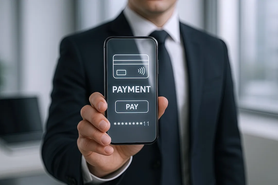Businessman Holding Mobile Phone with Digital Payment App Interface in Modern Office.