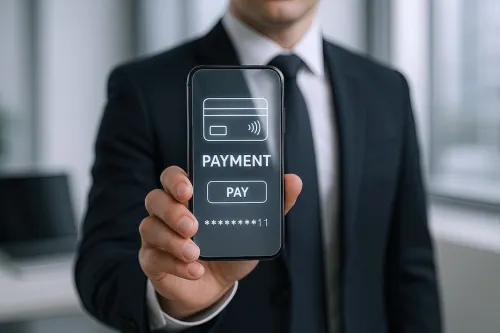 Businessman Holding Mobile Phone with Digital Payment App Interface in Modern Office.
