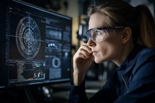 A woman quantum radar systems engineer focuses on calibrating a complex quantum illumination device inside an advanced defense research facility