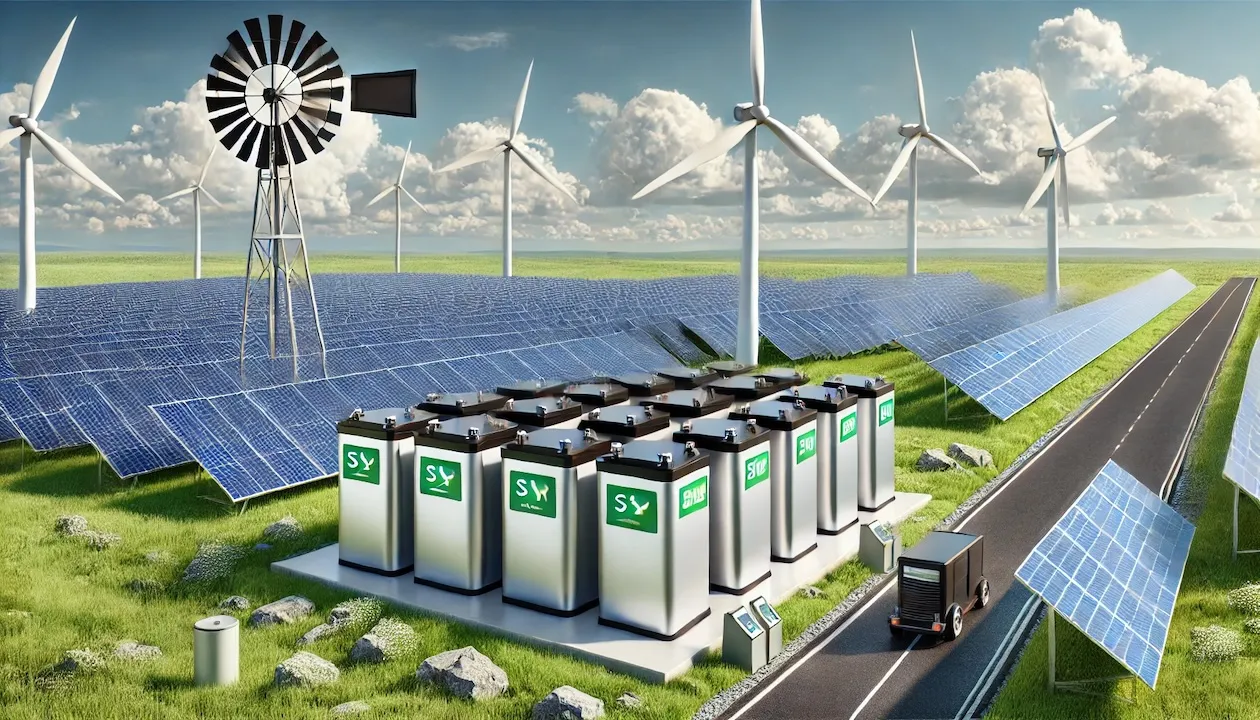 image depicting a modern energy storage system setup with large battery units, solar panels, and wind turbines