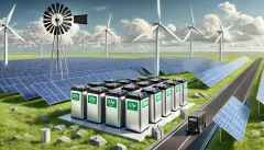 image depicting a modern energy storage system setup with large battery units, solar panels, and wind turbines