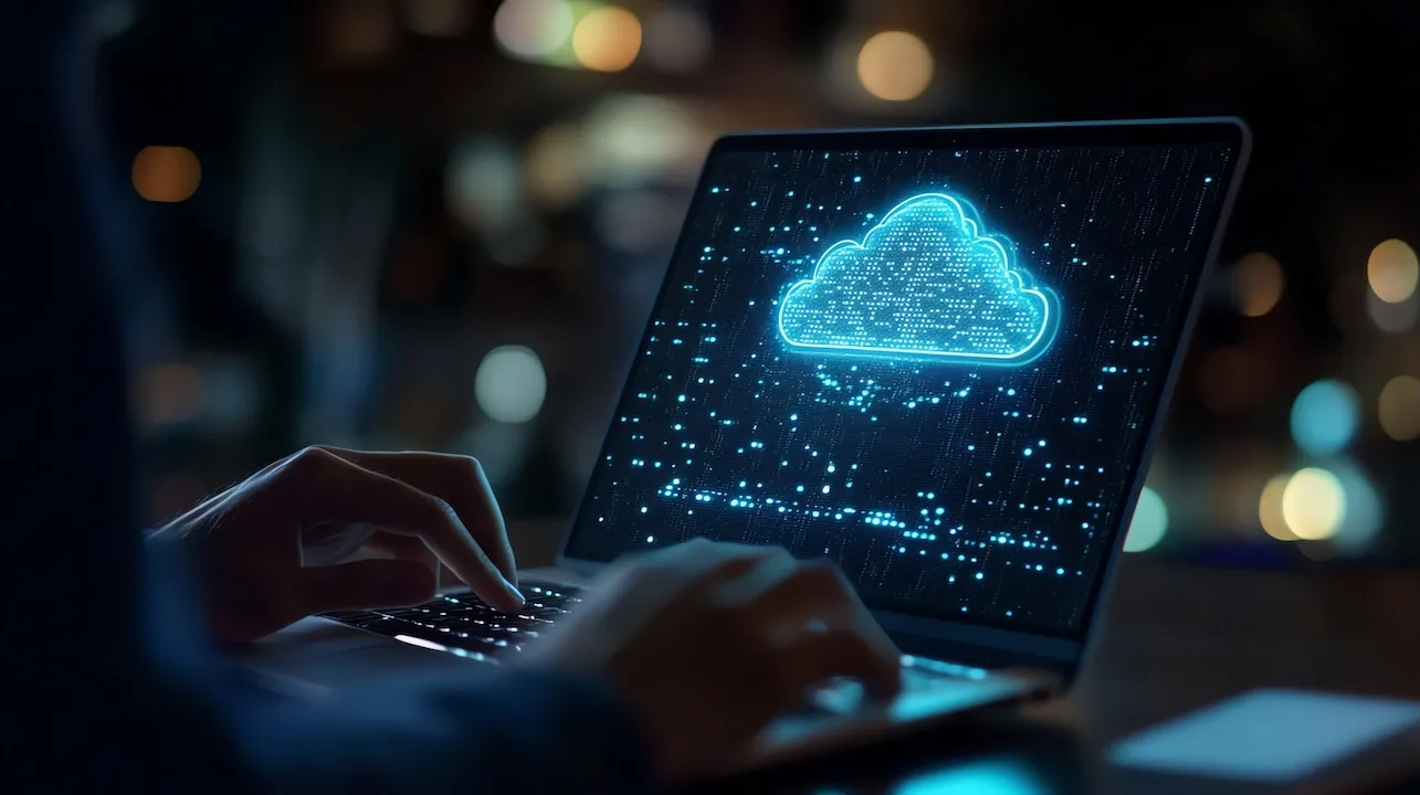 SaaS Software as a Service. CTO designing cloud platform on laptop.