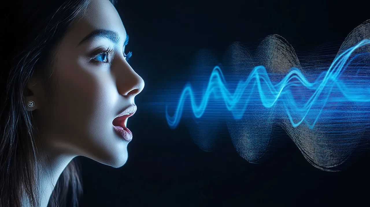Side view of woman with open mouth, blue face, soundwave graphics voice recognition tech. AI processes speech, enables natural language interaction, dictation, authentication, smart assistance
