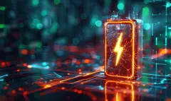 High-tech futuristic glowing green rechargeable lithium ion battery with lightning icon on digital background