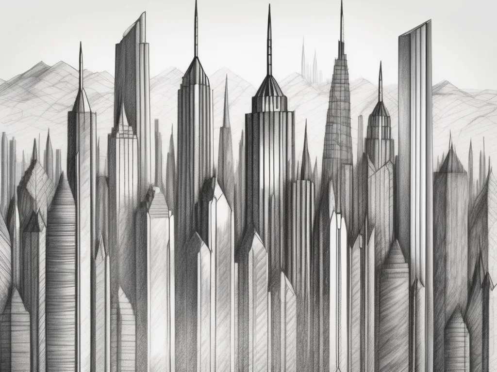 Pencil illustration of tall city buildings depicting graphite