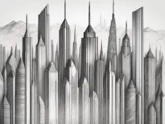 Pencil illustration of tall city buildings depicting graphite