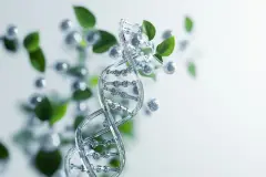 Exploring the relationship between DNA, gene therapy, and biochemistry in a plant laboratory setting on a white background