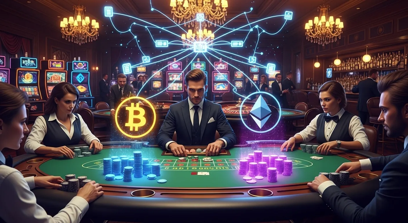 Luxury high-stakes casino scene comparing Bitcoin vs Ethereum betting with neon blockchain visuals