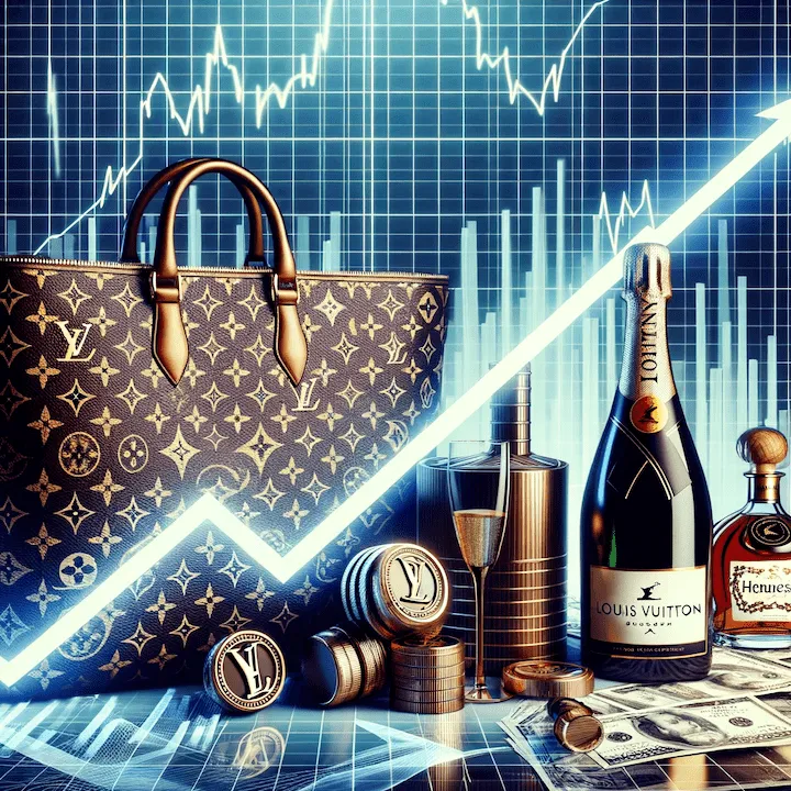 An image illustrating the upward market trend and financial success, set against a backdrop of luxury items, capturing the essence of LVMH's brand and performance.