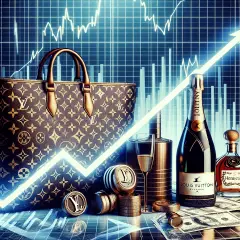 An image illustrating the upward market trend and financial success, set against a backdrop of luxury items, capturing the essence of LVMH's brand and performance.