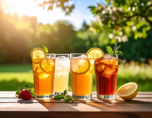 Classic American summer drinks like lemonade and iced tea sit on a picnic table