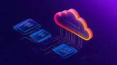 Vibrant and futuristic showcasing a cloud based enterprise management solution with seamless digital transformation featuring a tetradic color scheme and sci fi inspired geometric elements