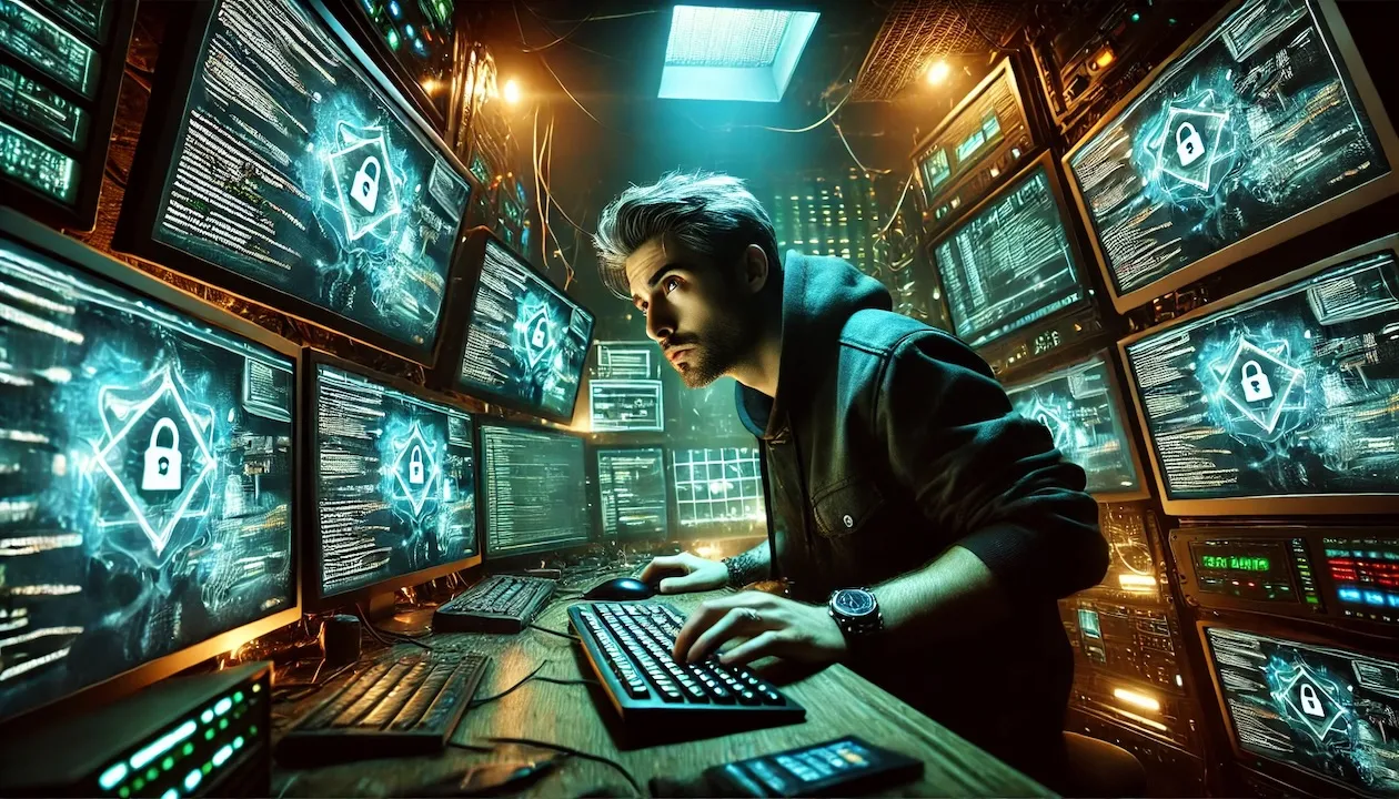 Wizz Cybersecurity tech-savvy cyberpunk in a dimly lit lair, furiously manipulating multiple screens