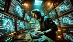 Wizz Cybersecurity tech-savvy cyberpunk in a dimly lit lair, furiously manipulating multiple screens
