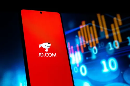 JD Stock Image shows JD.com logo on phone screen stock image.