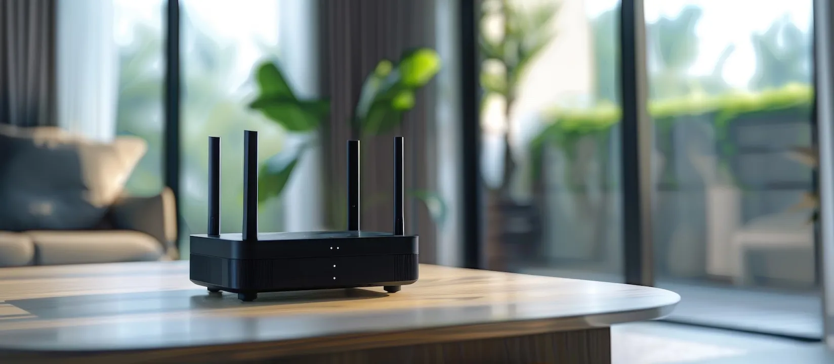 Modern Wireless Router on Wooden Table in Bright Home Interior