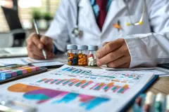 Pharmacist explaining investment strategies, pharmaceutical finance education