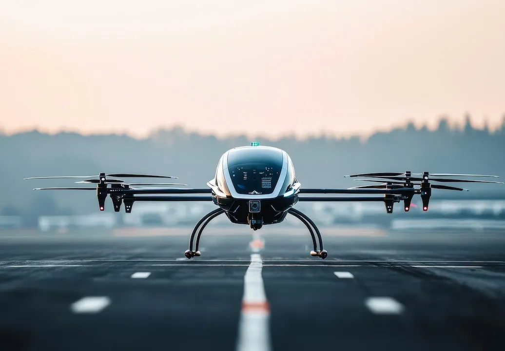The innovative design of an eVTOL drone takes flight from the runway.