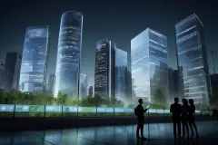 The image presents silhouetted figures in front of a night-time cityscape with futuristic skyscrapers. Below is a display panel that appears to show environmental data related to the buildings' operat...