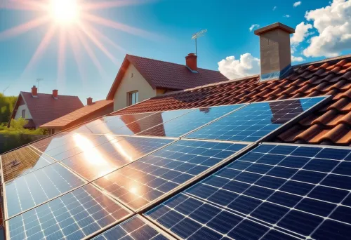 Sunlight illuminates solar panels on a European house roof , building, house