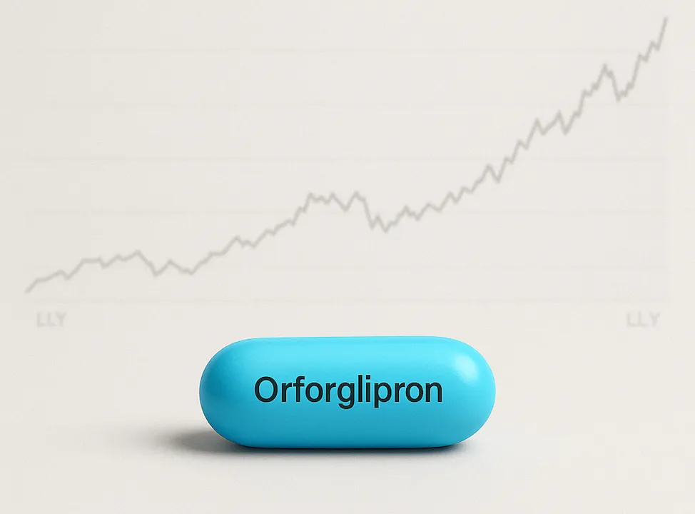minimalist composition featuring a single blue pill labeled Orforglipron 