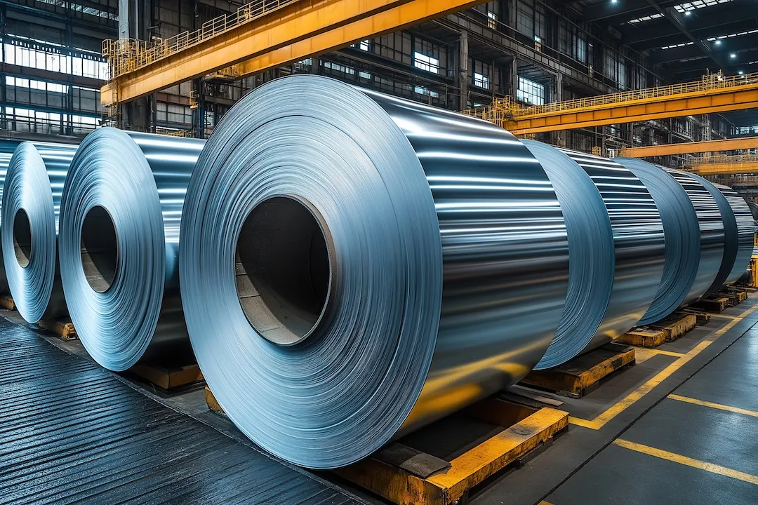 Factory production line with rolls of aluminum and steel sheets, industrial front view showcasing large pallets.