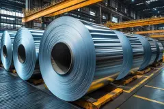 Factory production line with rolls of aluminum and steel sheets, industrial front view showcasing large pallets.