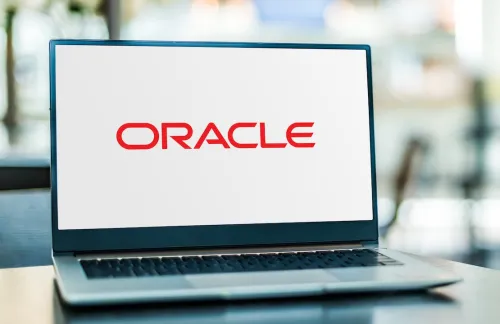 Laptop computer displaying logo of Oracle Corporation