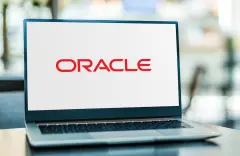 Laptop computer displaying logo of Oracle Corporation