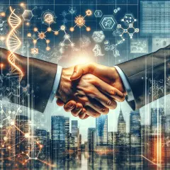 The image showcases a handshake between two corporate leaders, symbolizing a partnership in the biopharmaceutical mergers and acquisitions sector. Generative AI.