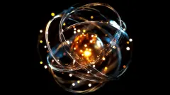 luminous atomic sphere, radiating golden particles, spiral energy streams, pitch black cosmos, brilliant core light, abstract quantum visualization, dynamic particle flow, metaphysical energy art