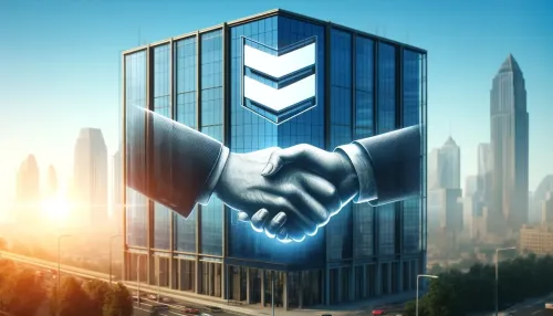 Chevron logo on a modern glass building in a business setting. The handshake in front of the building symbolizes a business deal, with a city skyline and clear blue skies in the background.