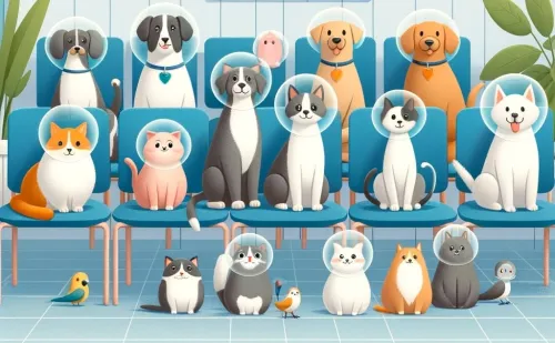 The image has been AI generated to depict the concept of medical pet insurance, showcasing a diverse group of pets within a veterinary clinic setting, each symbolically protected to convey the essence...