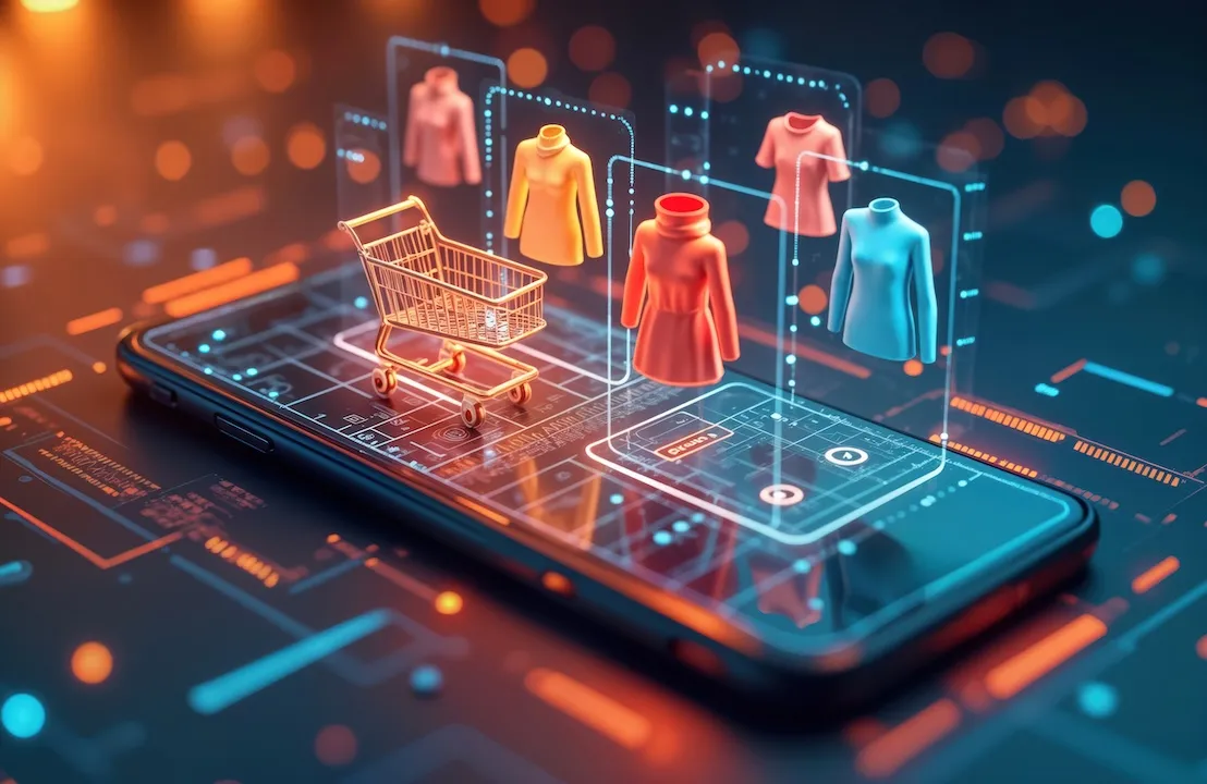 Futuristic mobile shopping app displays virtual clothing items. Digital shopping cart floats on screen.