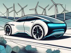 AI illustration of electric car with wind turbines in background
