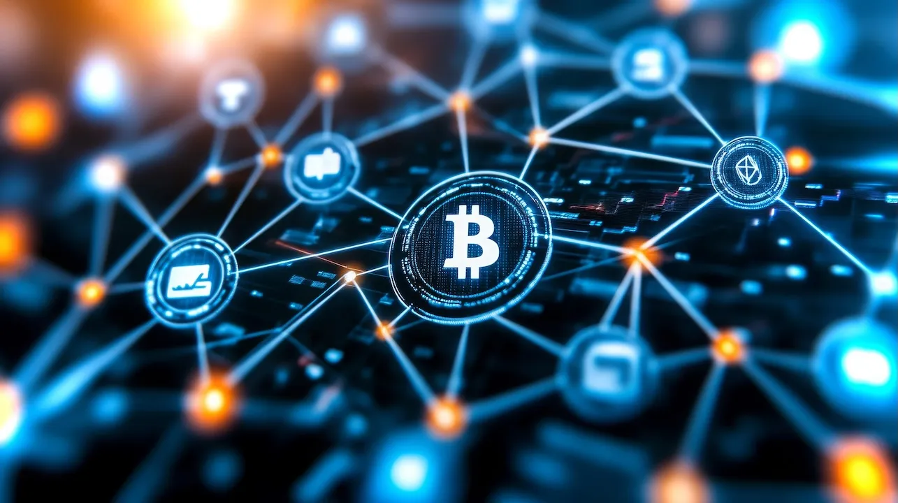 Visual representation of blockchain technology with interconnected data nodes and bitcoin symbol