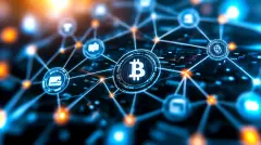 Visual representation of blockchain technology with interconnected data nodes and bitcoin symbol